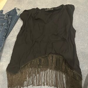 Black silk tank top with fringe metal Zara